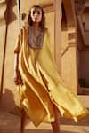 Shop_Avacara_Yellow Silk Embroidery Marodi Work And Sequin Band Kaftan & Pant Set  _at_Aza_Fashions