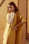 Avacara_Yellow Silk Embroidery Marodi Work And Sequin Band Kaftan & Pant Set  _Online_at_Aza_Fashions
