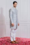 Ankit V Kapoor_Grey Pure Raw Silk Sherwani Set _Online_at_Aza_Fashions