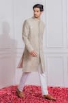 Ankit V Kapoor_Grey Georgette Mirror Embroidered Sherwani Set_Online_at_Aza_Fashions