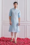 Ankit V Kapoor_Blue Satin Linen Embroidered Floral Kurta Set _Online_at_Aza_Fashions