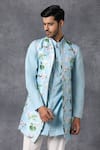 Buy_Ankit V Kapoor_Blue Silk, Cotton Jacket And Kurta Set_at_Aza_Fashions
