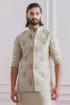 Buy_Ankit V Kapoor_Green Raw Silk Floral Embroidered Nehru Jacket_Online_at_Aza_Fashions