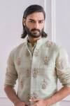 Shop_Ankit V Kapoor_Green Raw Silk Floral Embroidered Nehru Jacket_Online_at_Aza_Fashions