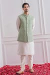 Ankit V Kapoor_Green Pure Georgette Lining Twill Satin Embroidered Lucknowi Nehru Jacket _Online_at_Aza_Fashions