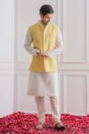 Buy_Ankit V Kapoor_Yellow Pure Georgette Lining Twill Satin Embroidered Lucknowi Nehru Jacket _at_Aza_Fashions