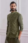 Buy_Ankit V Kapoor_Green Pure Georgette Lining Twill Satin Embroidered Lucknowi Nehru Jacket _Online_at_Aza_Fashions