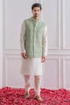 Buy_Ankit V Kapoor_Green Cotton Embroidered Sequins Lucknowi Bundi And Kurta Set _at_Aza_Fashions