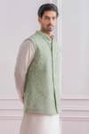 Shop_Ankit V Kapoor_Green Cotton Embroidered Sequins Lucknowi Bundi And Kurta Set _Online_at_Aza_Fashions