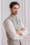 Shop_Ankit V Kapoor_Grey Pure Georgette Embroidered Lucknowi Work Bundi And Kurta Set _Online_at_Aza_Fashions