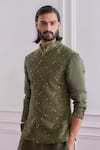 Shop_Ankit V Kapoor_Green Pure Georgette Embroidered Lucknowi Work Bundi And Kurta Set _Online_at_Aza_Fashions