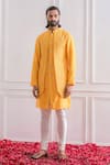 Buy_Ankit V Kapoor_Yellow Cotton Silk, Pure Georgette Lucknowi Work Longline Bundi And Kurta Set_at_Aza_Fashions