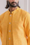 Shop_Ankit V Kapoor_Yellow Cotton Silk, Pure Georgette Lucknowi Work Longline Bundi And Kurta Set_Online_at_Aza_Fashions