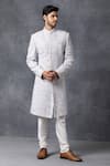 Ankit V Kapoor_Grey Pure Georgette Lucknowi Embroidered Sherwani Set_Online_at_Aza_Fashions