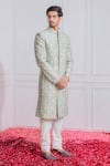 Buy_Ankit V Kapoor_Green Raw , Cotton Floral Embroidered Sherwani Set _at_Aza_Fashions