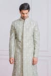 Buy_Ankit V Kapoor_Green Raw , Cotton Floral Embroidered Sherwani Set _Online_at_Aza_Fashions