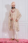 Buy_Ankit V Kapoor_Beige Raw Silk Embroidered Floral Sherwani _at_Aza_Fashions