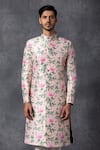 Buy_Ankit V Kapoor_Peach Silk, Cotton Printed Sherwani Set _at_Aza_Fashions
