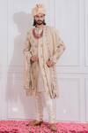 Buy_Ankit V Kapoor_Beige Raw Silk Embroidered Floral Sherwani Set _at_Aza_Fashions