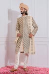 Buy_Ankit V Kapoor_Gold Cotton Silk Embroidered Sequin Scallop Sherwani Set _at_Aza_Fashions