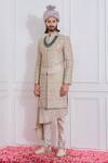 Buy_Ankit V Kapoor_Grey Jacquard Embroidered Floral Sherwani Set _at_Aza_Fashions