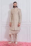 Buy_Ankit V Kapoor_Grey Jacquard Embroidered Floral Sherwani Set _Online_at_Aza_Fashions