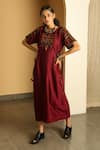 Shop_Medha_Maroon Cotton Silk Blend Embroidery Round Hand Midi Dress  _at_Aza_Fashions