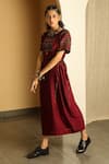 Medha_Maroon Cotton Silk Blend Embroidery Round Hand Midi Dress  _Online_at_Aza_Fashions