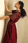 Buy_Medha_Maroon Cotton Silk Blend Embroidery Round Hand Midi Dress  _Online_at_Aza_Fashions