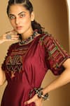 Shop_Medha_Maroon Cotton Silk Blend Embroidery Round Hand Midi Dress  _Online_at_Aza_Fashions