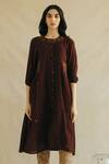 Shop_Cord_Maroon Cotton Blend Hand Embroidered Dress And Pant Set _at_Aza_Fashions