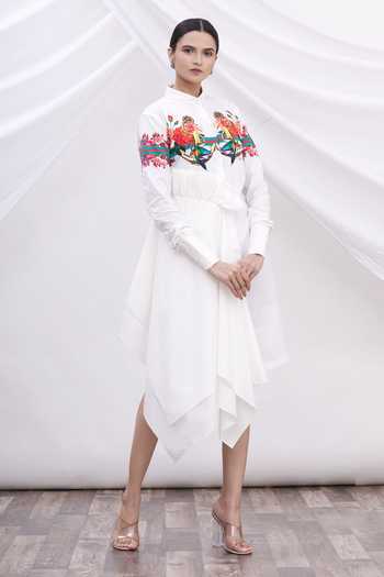 Buy_MR. Ajay Kumar_White Cotton Floral Motifs Shirt Band Collar Printed Dress _at_Aza_Fashions