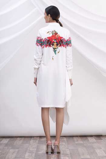 Shop_MR. Ajay Kumar_White Cotton Floral Motifs Shirt Band Collar Printed Dress _at_Aza_Fashions