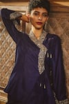 Buy_House of Three_Blue Silk V Neck Nafs Overlap Top  _at_Aza_Fashions