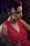 Shop_House of Three_Red Net V Neck Laal Embroidered Top  _Online_at_Aza_Fashions