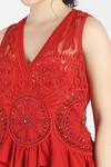 House of Three_Red Net V Neck Laal Embroidered Top  _at_Aza_Fashions