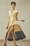 Buy House Of Three Beige Chanderi Notched Lapel Mahru Colorblock Dress at Aza Fashions Buy_House Of Three_Beige Chanderi Notched Lapel Mahru Colorblock Dress _at_Aza_Fashions
