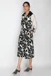 Buy_Arcvsh By Pallavi Singh_Black Cotton, Chanderi Lapel Collar Floral Print Dress _at_Aza_Fashions
