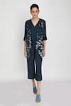 Buy_Arcvsh By Pallavi Singh_Blue Chanderi Bamberg Jacket Open Jumpsuit V-neckline Printed And Set _Online_at_Aza_Fashions