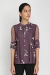 Shop_Arcvsh By Pallavi Singh_Purple Organza, Linen, Bamberg Round Floral Print Top _Online_at_Aza_Fashions