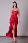 Buy_Saaksha & Kinni_Red Chiffon Embroidery Sweetheart Neck Bandeau Pleated Dress _at_Aza_Fashions