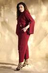 House of Her_Maroon Moss Crepe Plain Notched Collar Garnet Blazer And Trouser Set  _Online_at_Aza_Fashions