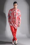 Buy_Mr. Ajay Kumar_Red Cotton Satin Lycra Floral Klingon Bomber Jacket  _at_Aza_Fashions