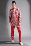 Mr. Ajay Kumar_Red Cotton Satin Lycra Floral Klingon Bomber Jacket  _Online_at_Aza_Fashions