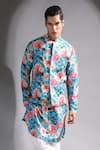 Shop_Mr. Ajay Kumar_Blue Kurta Silk And Pyjama Cotton Floral Jhoom & Set  _Online_at_Aza_Fashions