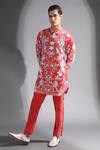 Buy_MR. Ajay Kumar_Red Cotton Floral Print Band Neck Full Sleeve Kurta_at_Aza_Fashions