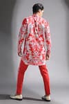 Shop_MR. Ajay Kumar_Red Cotton Floral Print Band Neck Full Sleeve Kurta_at_Aza_Fashions