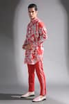 MR. Ajay Kumar_Red Cotton Floral Print Band Neck Full Sleeve Kurta_Online_at_Aza_Fashions