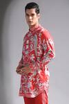 Shop_MR. Ajay Kumar_Red Cotton Floral Print Band Neck Full Sleeve Kurta_Online_at_Aza_Fashions