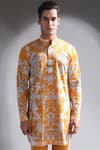 Shop_Mr. Ajay Kumar_Yellow Cotton Floral Anton Kurta  _Online_at_Aza_Fashions